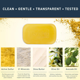 Jericho Dead Sea sulfur soap; mineral-rich Dead Sea minerals balance skin.