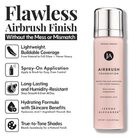 Jerome Alexander airbrush mist dispense for quick even coverage with a natural matte finish