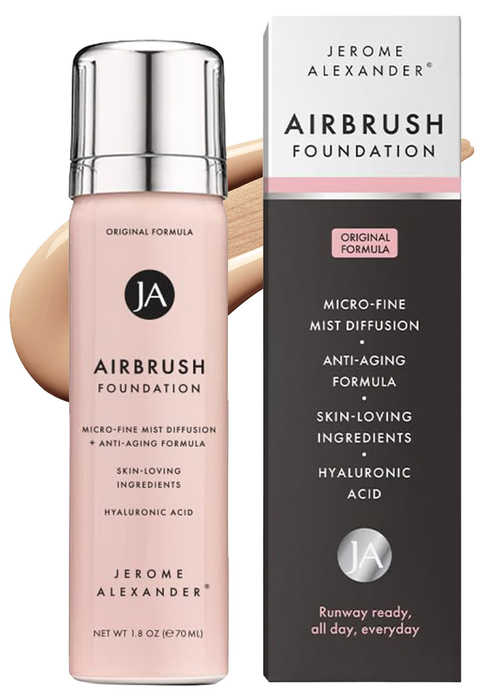 Jerome Alexander MagicMinerals airbrush foundation bottle highlights sleek packaging for flawless daily wear on skin.
