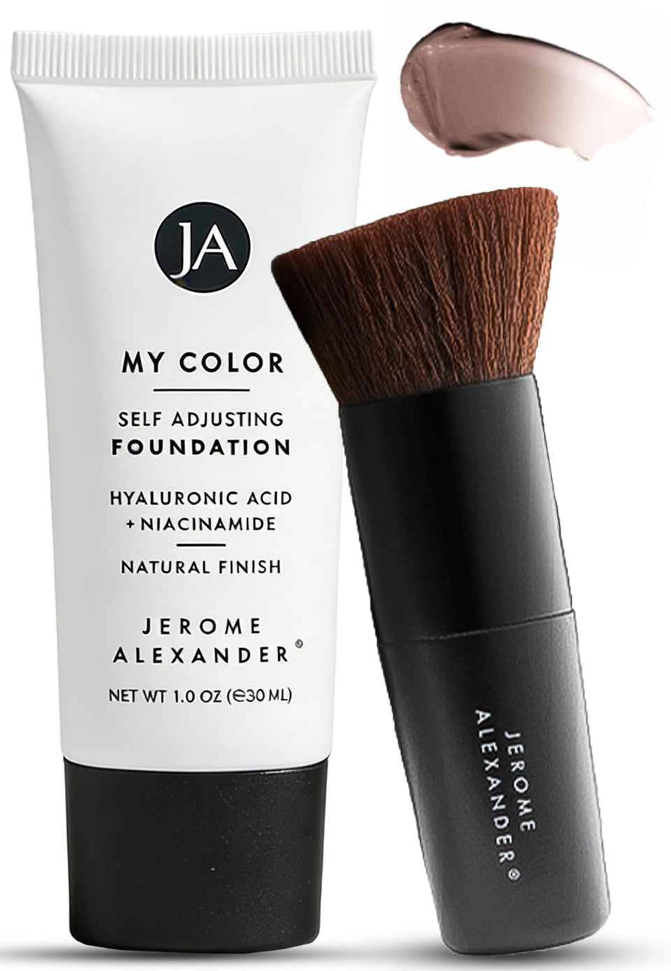 Jerome Alexander My Color Self-Adjusting Foundation bottle closeup highlights adaptive shade for seamless match.