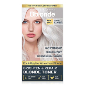Jerome Russell Bblonde Ice White toner bottle for brassy tone neutralization and salon-like shine.