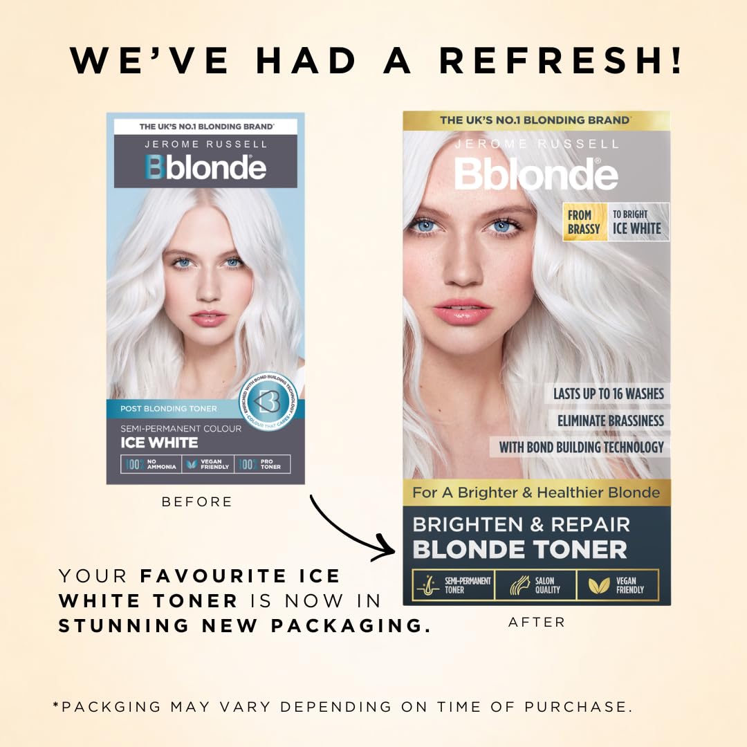 Jerome Russell Bblonde Ice White toner kit contents guide for easy DIY application.