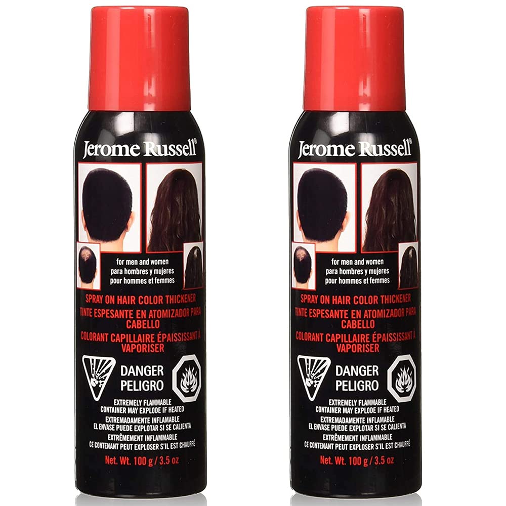 Jerome Russell spray-on hair color thickener bottle provides instant root coverage