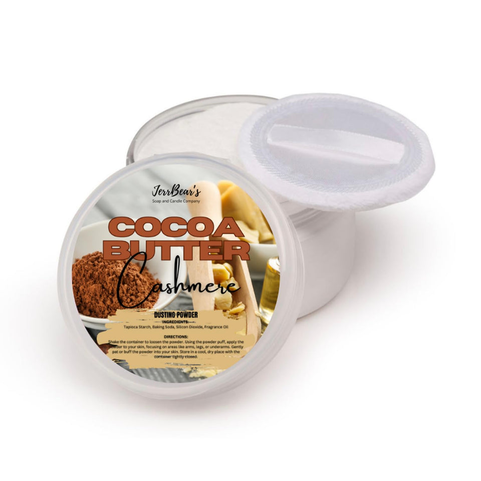 JerrBear’s Cocoa Butter Cashmere Dusting Powder jar shown for daily freshness.