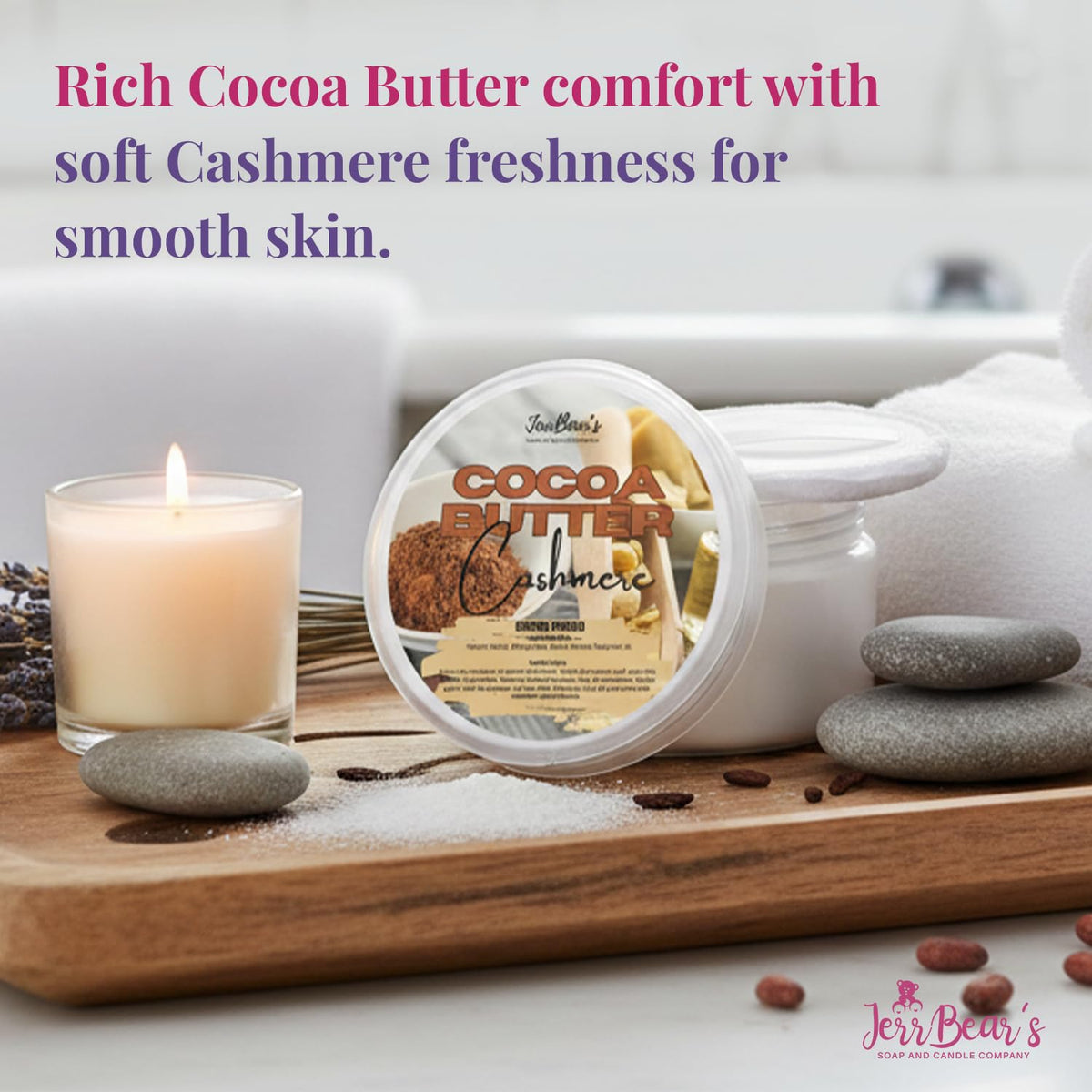 JerrBear’s Cocoa Butter Cashmere talc-free formula supports moisture absorption.