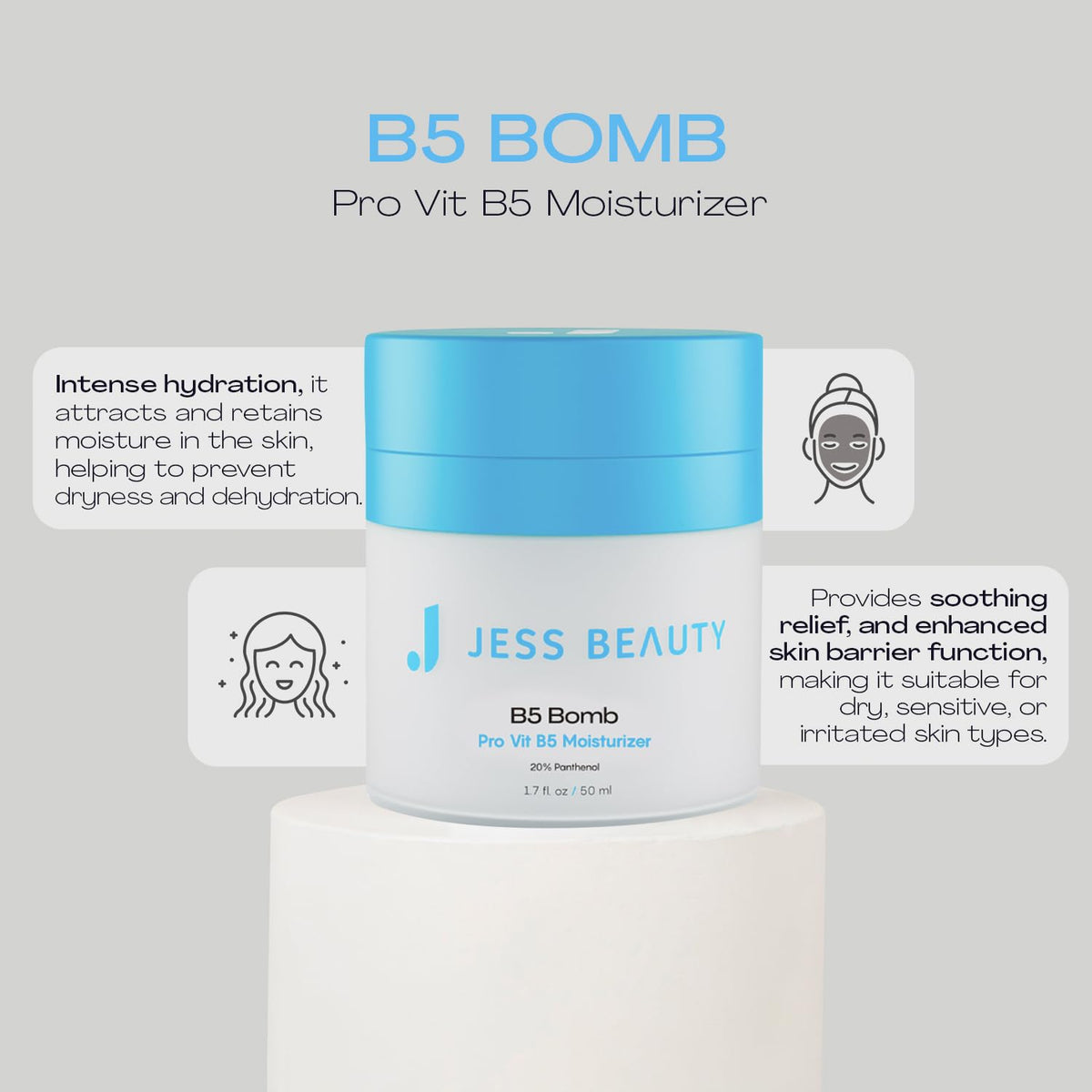 The JESS BEAUTY B5 Bomb Pro panthenol label highlights moisture retention.
