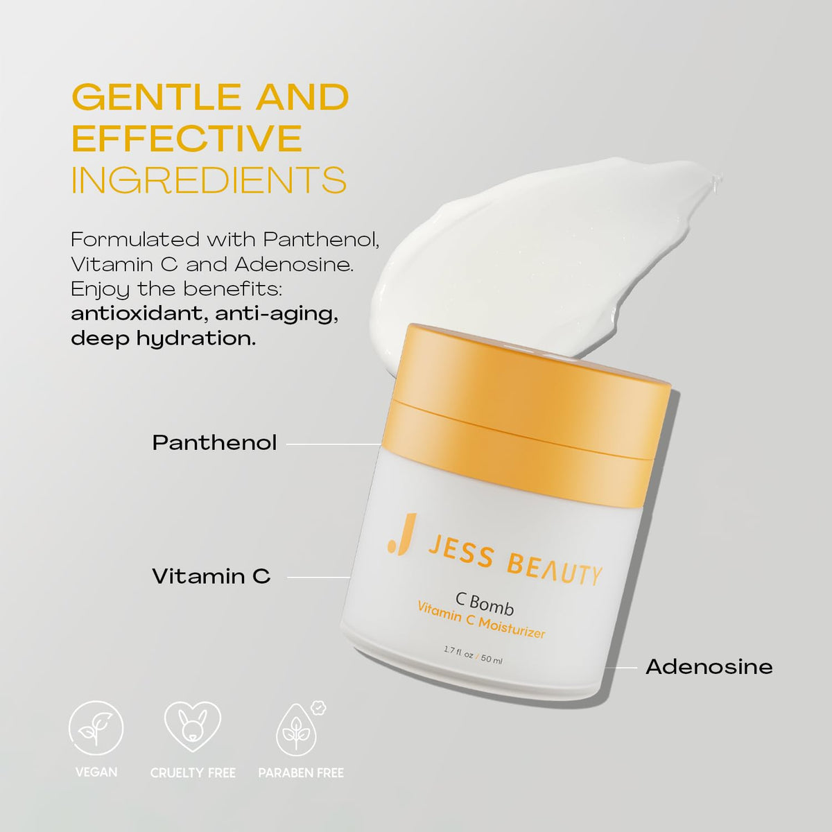JESS BEAUTY C Bomb packaging and product display on bathroom shelf