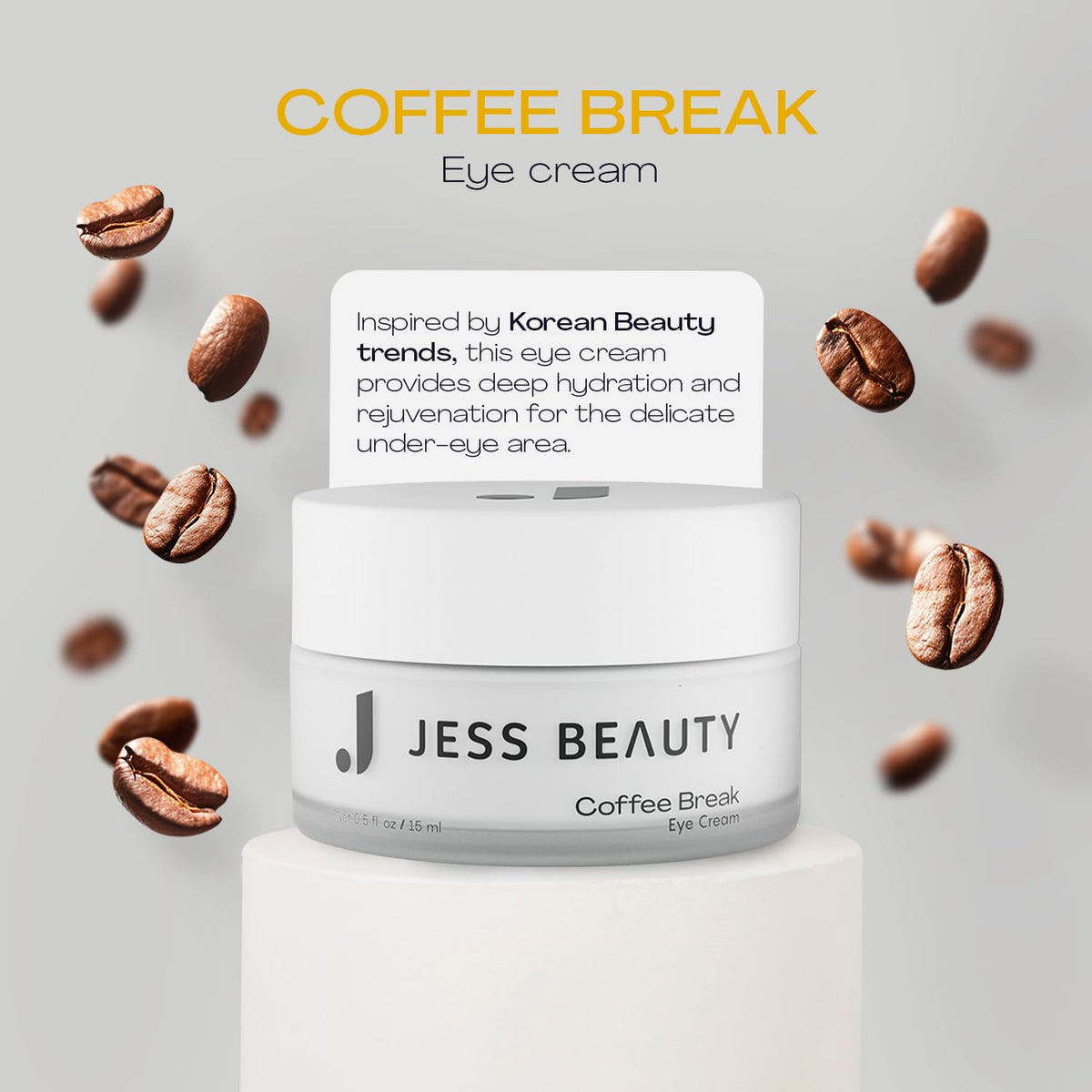 JESS BEAUTY Coffee Break Eye Cream texture closeup shows smooth, non-greasy finish.