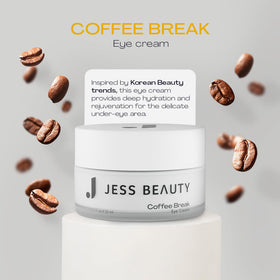 JESS BEAUTY Coffee Break Eye Cream texture closeup shows smooth, non-greasy finish.