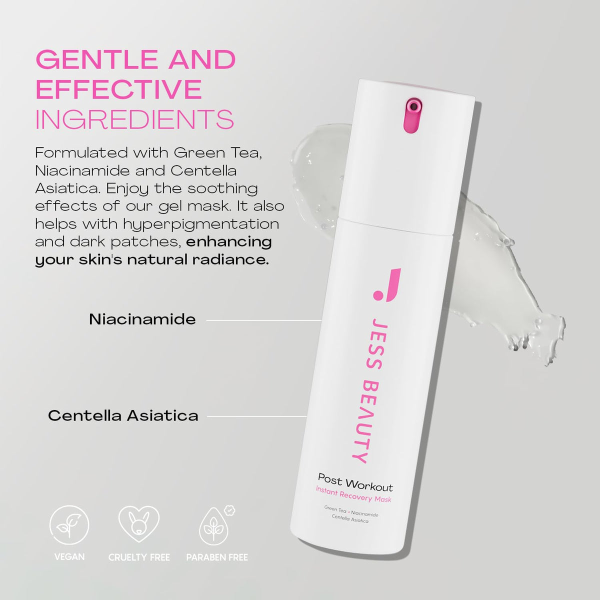 JESS BEAUTY Post Workout Gel Mask packaging shot emphasizes clean, premium design