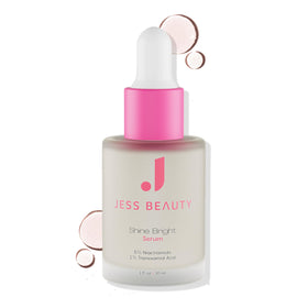 JESS BEAUTY Shine Bright Serum bottle with pump for hydration and glow.