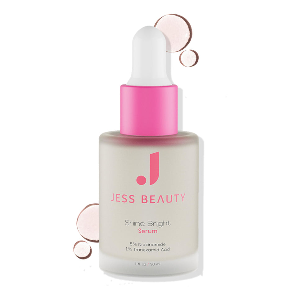 JESS BEAUTY Shine Bright Serum bottle with pump for hydration and glow.