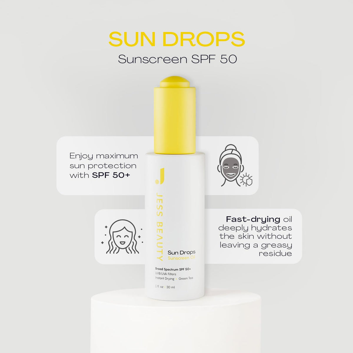 Jess Beauty Sun Drops SPF 50 pump close-up highlighting a fast-drying oil.