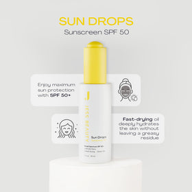 Jess Beauty Sun Drops SPF 50 pump close-up highlighting a fast-drying oil.
