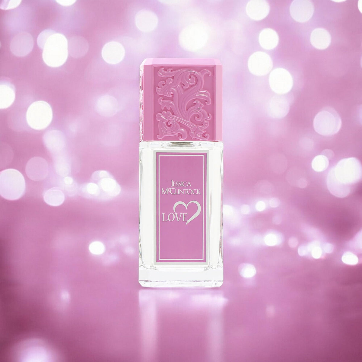 Jessica McClintock Love bottle close-up highlights the chic gift-ready design