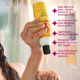 Jessicurl Aloeba conditioner texture being applied to hair for detangling.