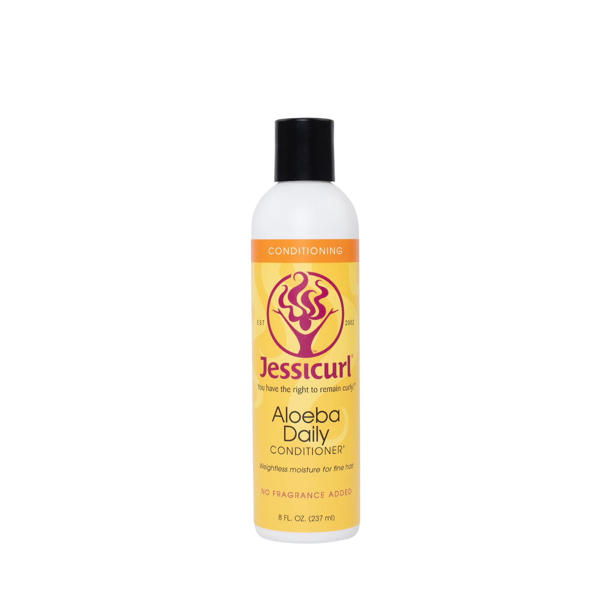 Jessicurl Aloeba Daily Conditioner bottle on shelf, lightweight moisture for fine hair.