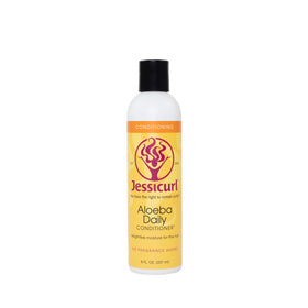 Jessicurl Aloeba Daily Conditioner bottle on shelf, lightweight moisture for fine hair.