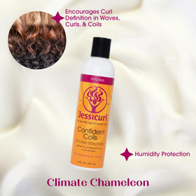 Damp hair with Confident Coils applied for curl definition and frizz control.