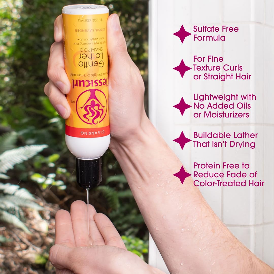 Creamy lather from Jessicurl Gentle Lather Shampoo lifts dirt without stripping moisture.