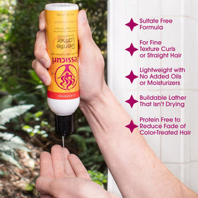Creamy lather from Jessicurl Gentle Lather Shampoo lifts dirt without stripping moisture.