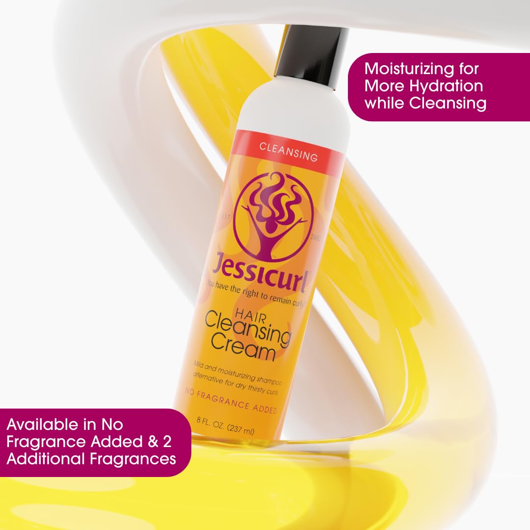 Jessicurl Hair Cleansing Cream application scene shows light lather and scalp cleansing benefits.