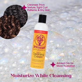 Jessicurl Hair Cleansing Cream pour bottle demonstrates easy application on wet hair.