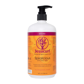 Jessicurl Spiralicious gel bottle showcasing fragrance-free formula for defined curls.