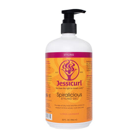 Jessicurl Spiralicious Gel Citrus Lavender bottle being poured for smooth application and definition