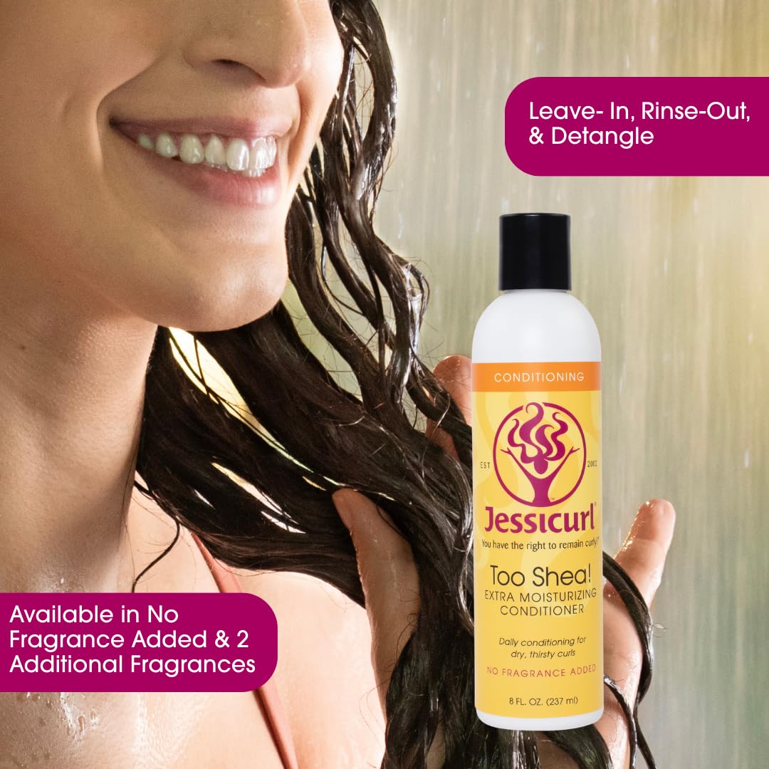 Jessicurl Too Shea! conditioner pour cap highlights easy-squeeze packaging for daily use.