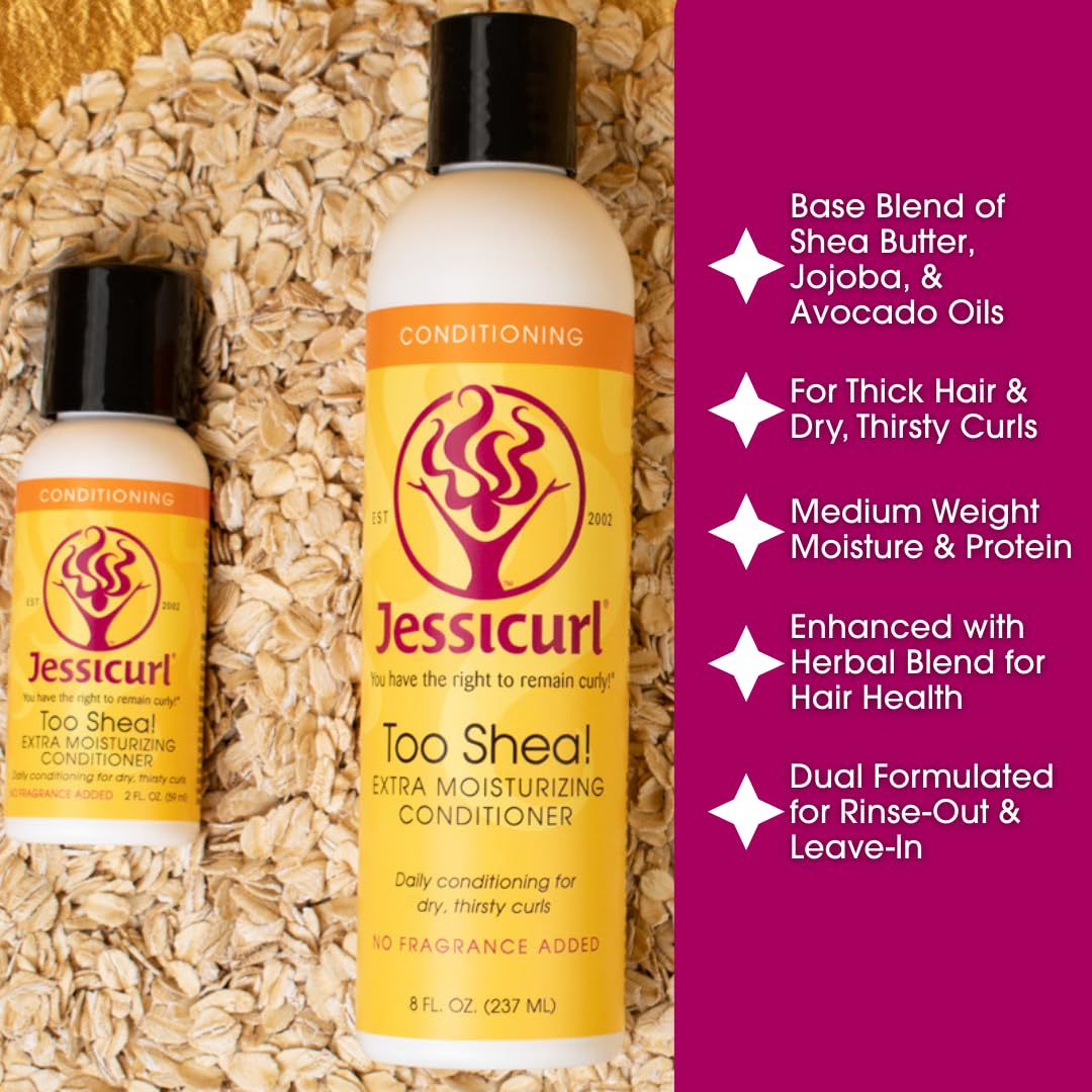 Jessicurl Too Shea! conditioner label close-up emphasizes vegan, color-safe formula.