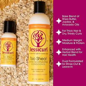 Jessicurl Too Shea! conditioner label close-up emphasizes vegan, color-safe formula.