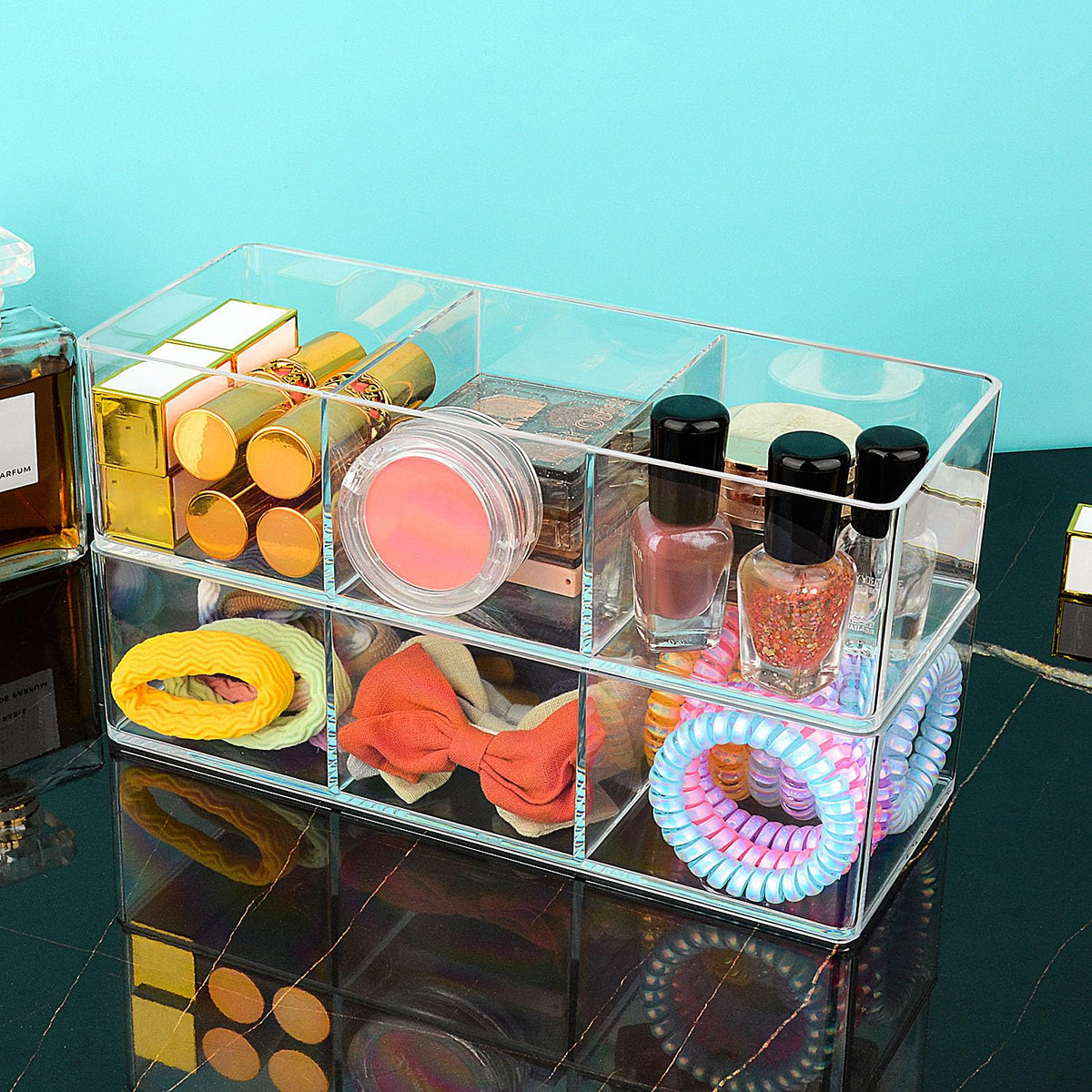 JessLab vanity makeup storage on countertop with crystal-clear visibility