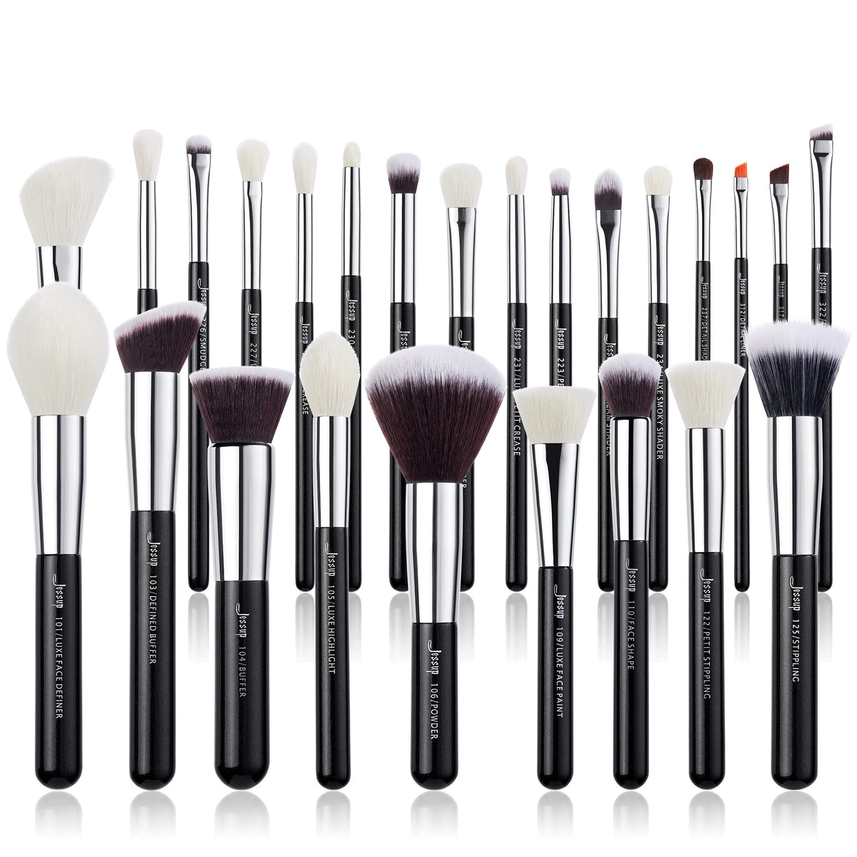 Jessup 25pcs professional makeup brush set with sleek black-silver handles for precise application.