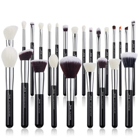 Jessup 25pcs professional makeup brush set with sleek black-silver handles for precise application.