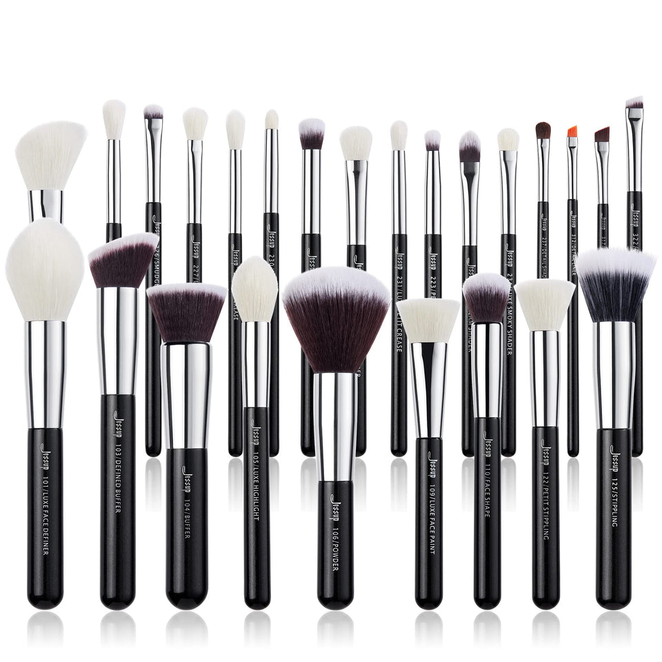 Jessup 25pcs professional makeup brush set with sleek black-silver handles for precise application.