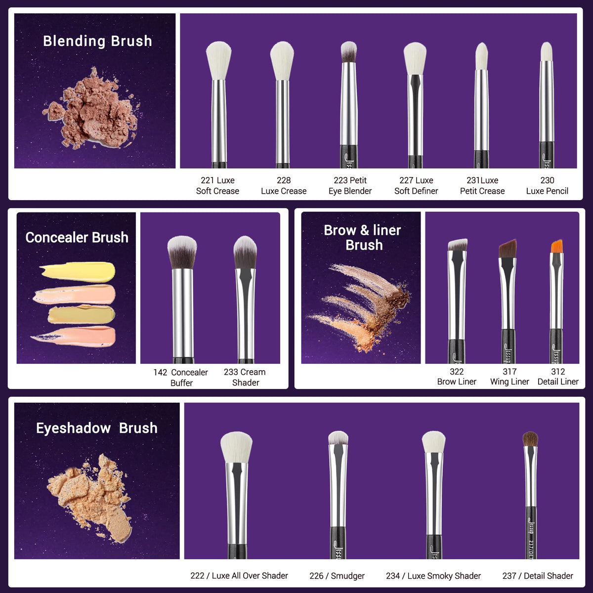 Jessup bristle close-up shows soft, dense fibers for smooth powder and cream application