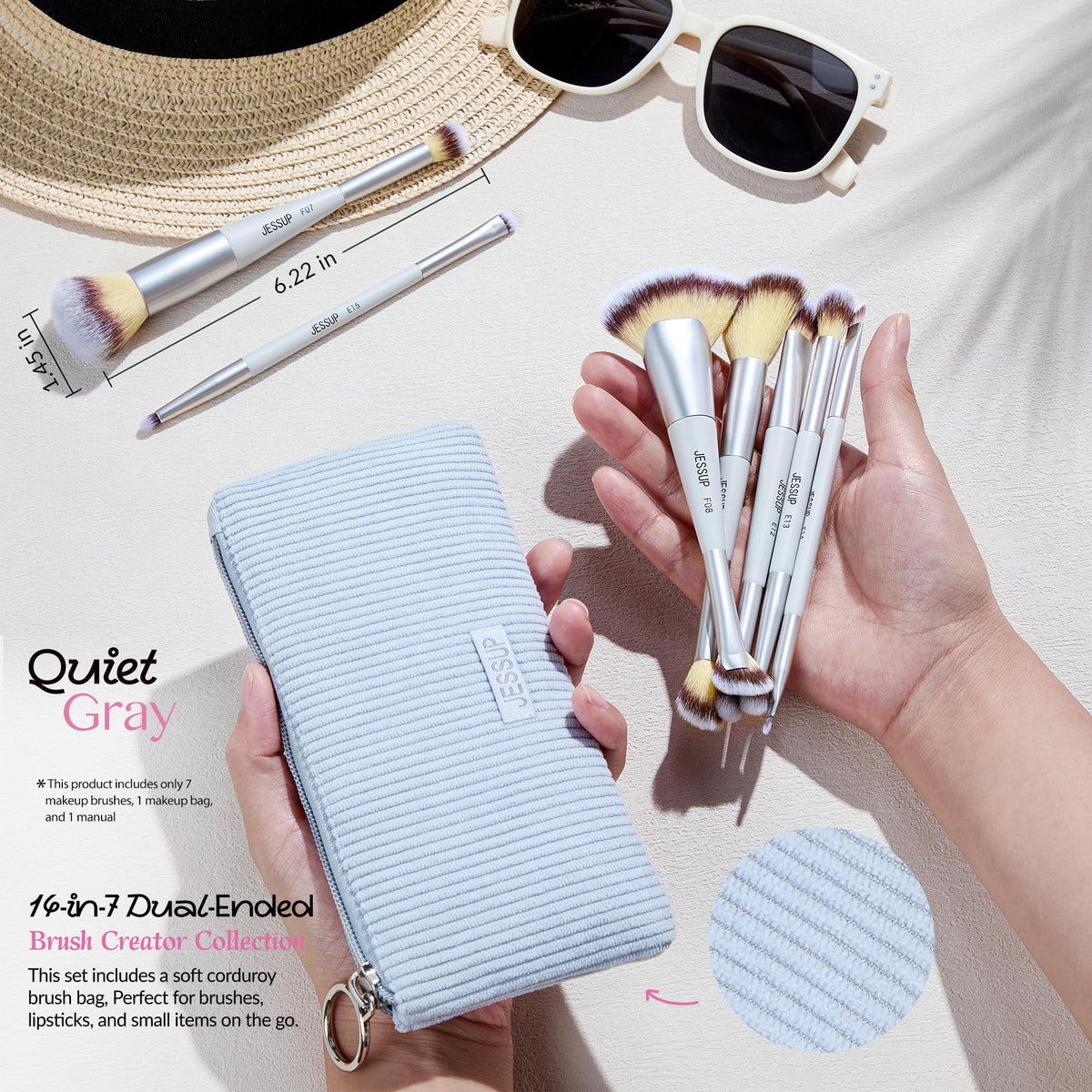 Jessup corduroy makeup bag included for organized travel kit.