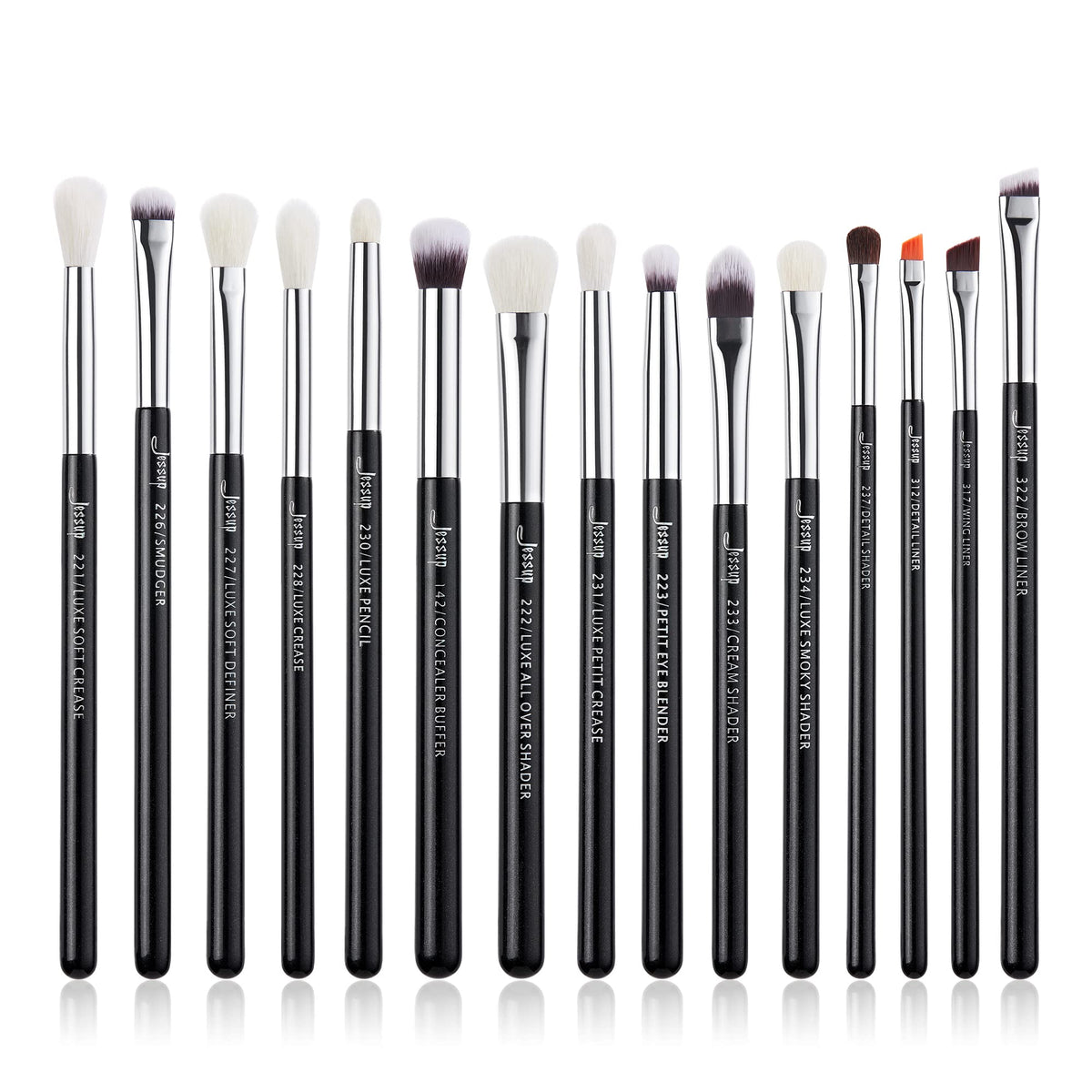 Jessup 15-piece eye brush set, pearl black/silver, designed for precise blending and professional results