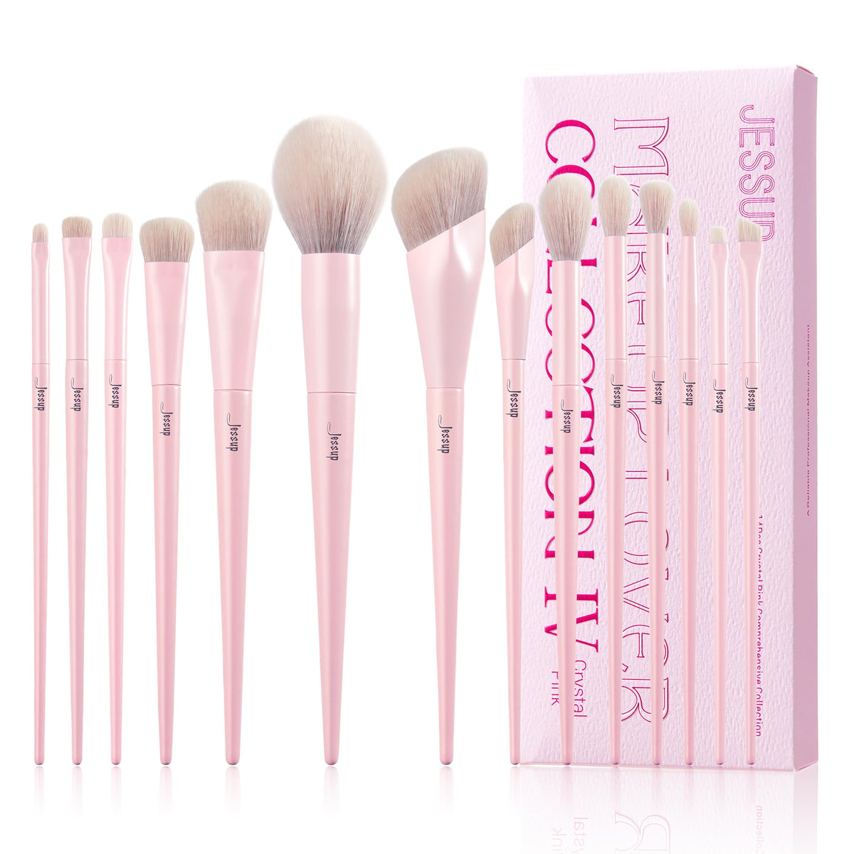 Jessup pink makeup brush set 14pc, full view, versatile daily looks.