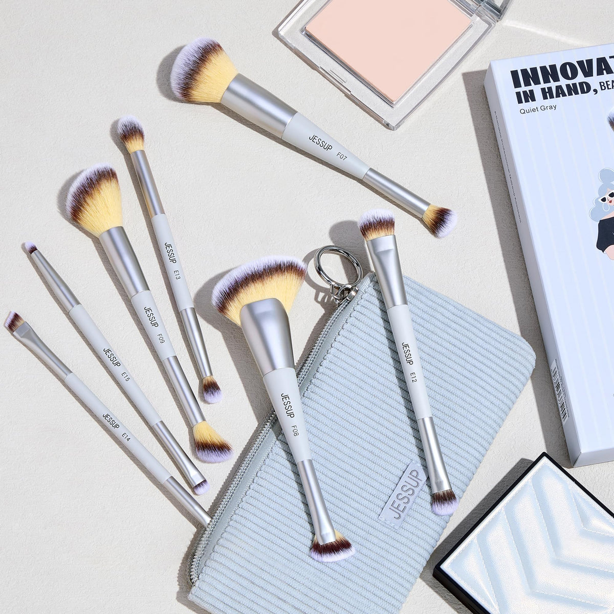 Jessup travel-ready 7pc brush set in use for a complete look.