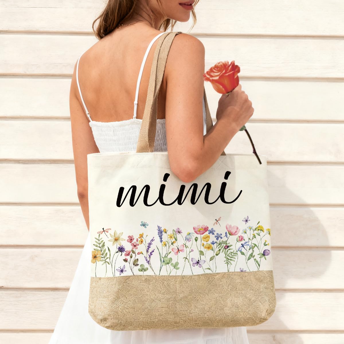 Jeteman Mimi butterfly floral tote side view, versatile shopping bag