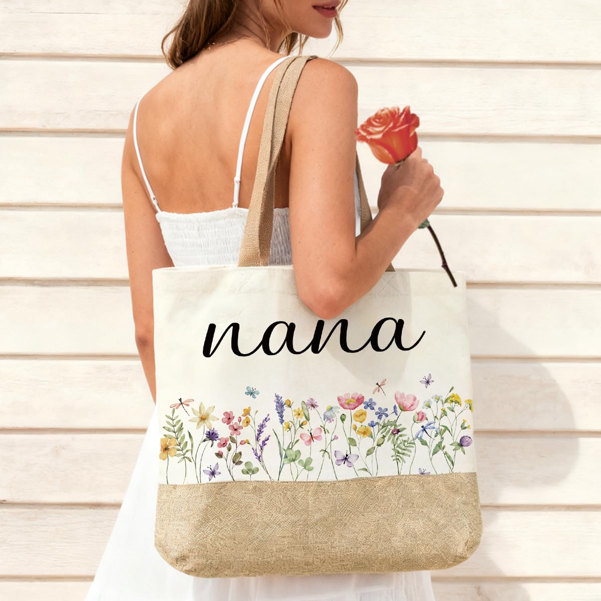 Jeteman Nana Gifts butterfly floral tote side view showing roomy capacity.