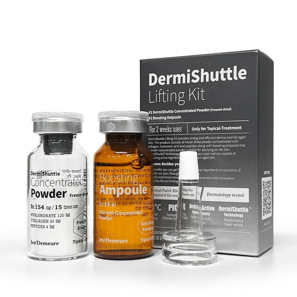 JEU'DEMEURE DermiShuttle serum bottle highlighting targeted dermal delivery for firmer-looking skin