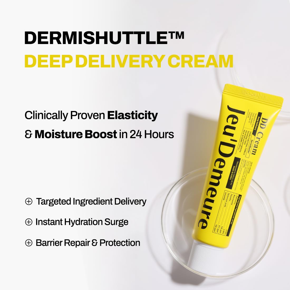 Texture close-up of JEU'DEMEURE DermiShuttle DD Cream shows velvety finish