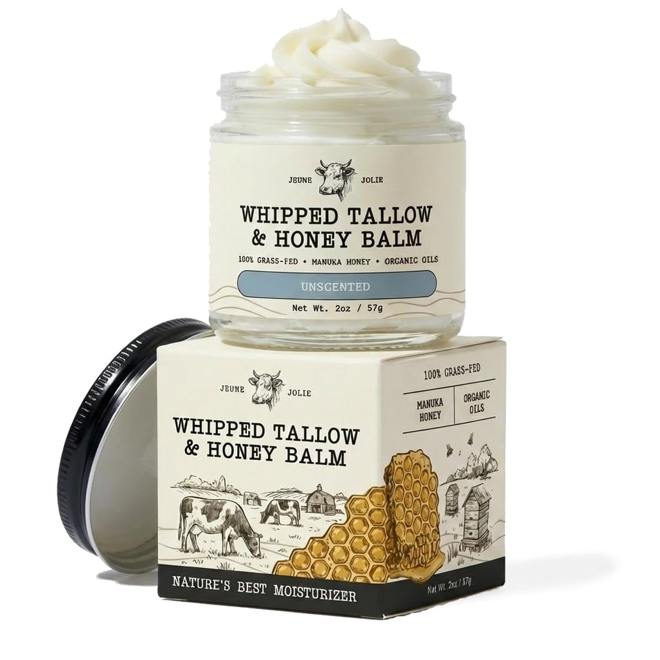 Jeune Jolie whipped tallow balm jar showcases creamy texture for quick hydration.