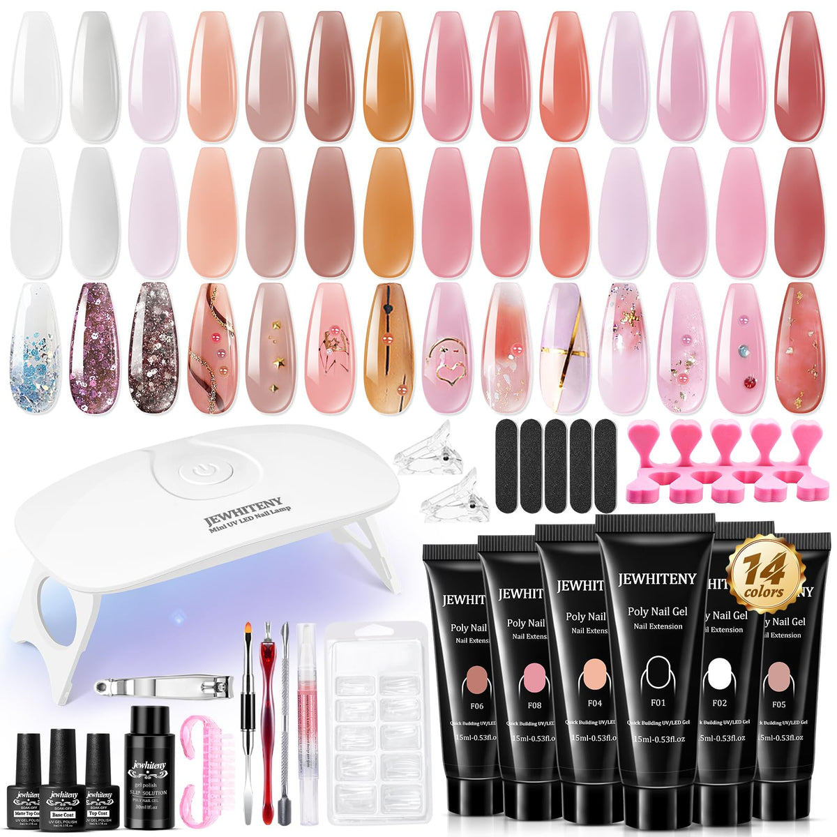 JEWHITENY 14-piece poly nail gel colors—vibrant swatches for versatile at-home nail design.