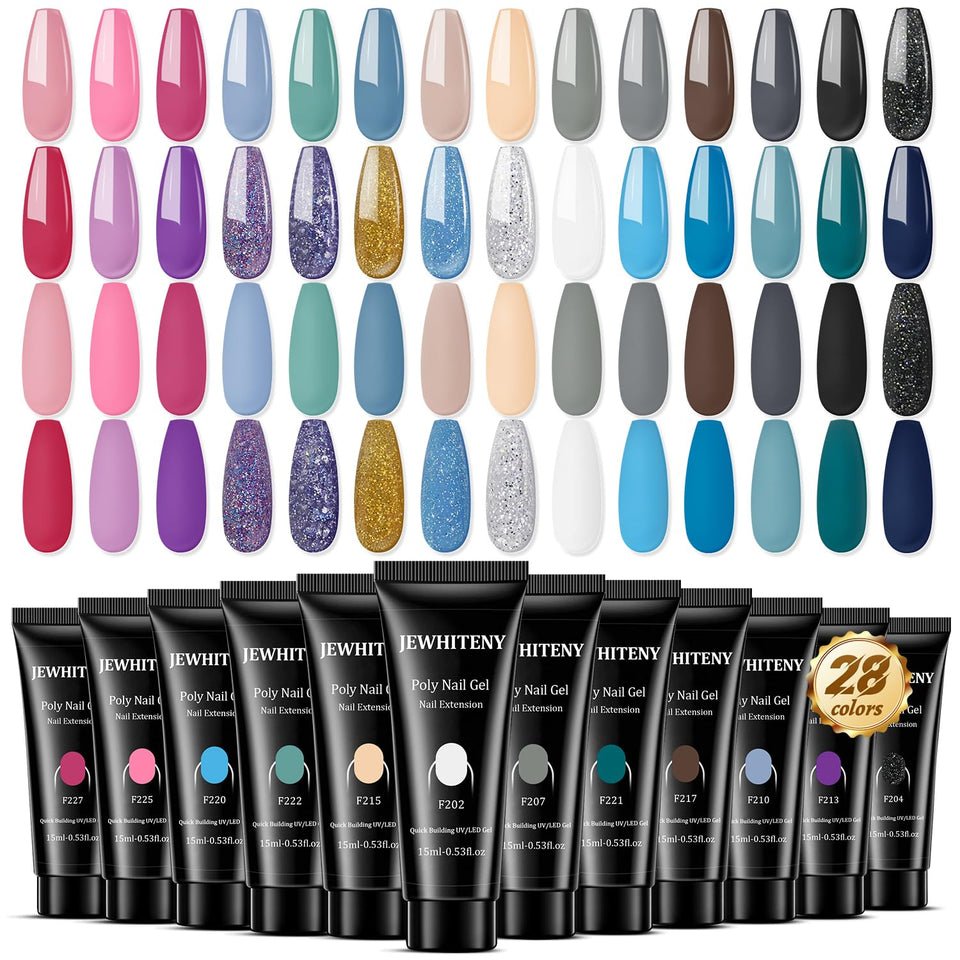 JEWHITENY 28-color poly nail gel set swatches display vibrant shades for DIY manicures
