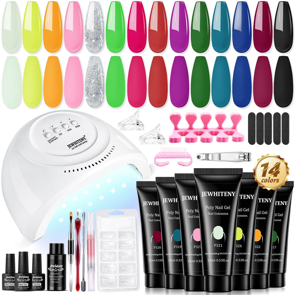 JEWHITENY 14-color poly gel kit contents for endless nail designs