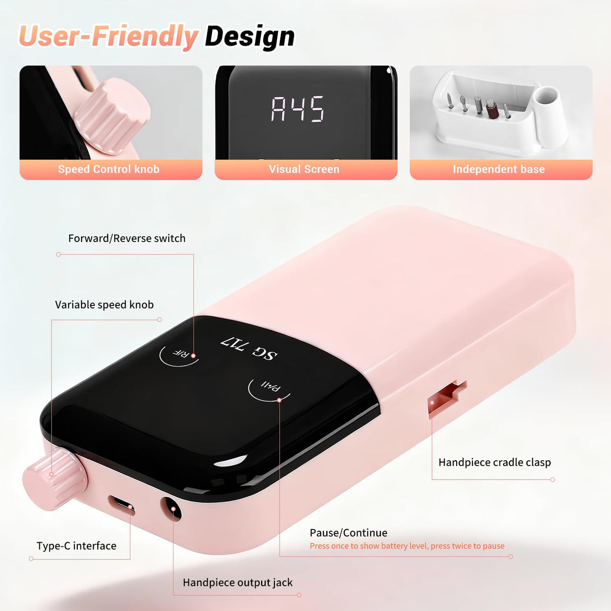JEWHITENY nail drill touch screen controls direction and pause